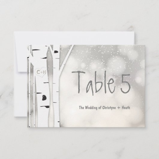 Rustieke berkenboom winter besneeuwde tafel nummer kaart (Voorkant)