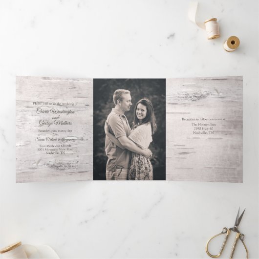 Rustieke berkenschors met hertenbruiloft drieluik uitnodiging (Binnen)