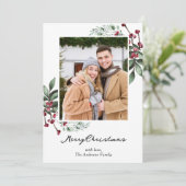 Rustieke Berry Branch en Pine Kerstfoto Feestdagenkaart (Staand voorkant)
