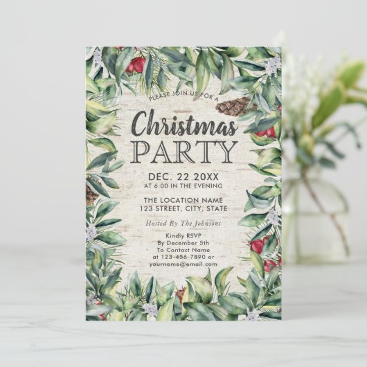 Rustieke Berry Winter Groen Berken Kerstfeest Kaart (Staand voorkant)