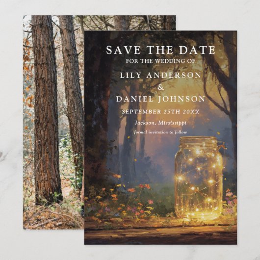 Rustieke Betoverde Bos Metselaars Pot Foto Bruilof Save The Date (Voorkant / Achterkant)