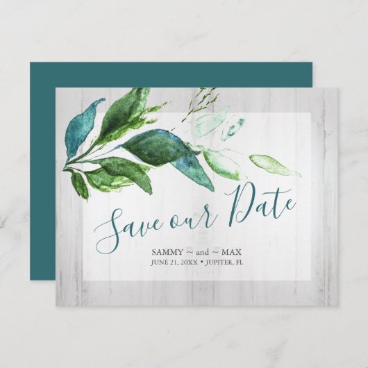 Rustieke Bewaar de Datum Aquarel Hout en Bladeren Save The Date (Voorkant / Achterkant)