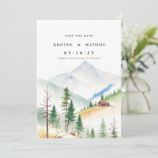 rustieke bewerkbare berg save the date (Staand voorkant)