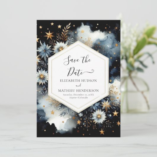 Rustieke bewerkbare hemelse bruiloft save the date (Staand voorkant)