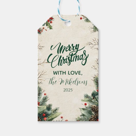 Rustieke Birch Pinecone kerstfeest Cadeaulabel (Voorkant)