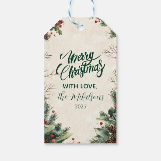 Rustieke Birch Pinecone kerstfeest Cadeaulabel (Achterkant)