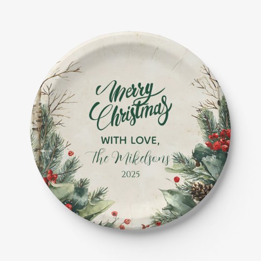 Rustieke Birch Pinecone kerstfeest Papieren Bordje (Voorkant)