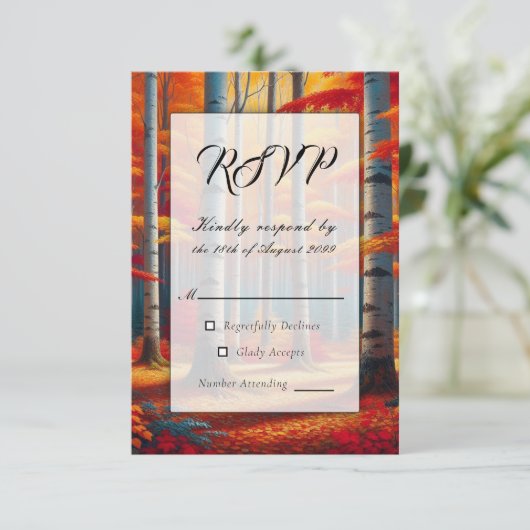 Rustieke Birch Tree Fall Wedding RSVP Kaartje (Staand voorkant)