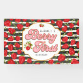 Rustieke Black White Stripes Berry Eerste Verjaard Spandoek (Horizontaal)