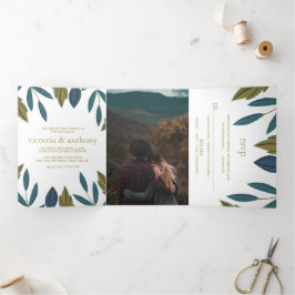 Rustieke Blad Bloemen Bruiloft Suite Drieluik Uitnodiging