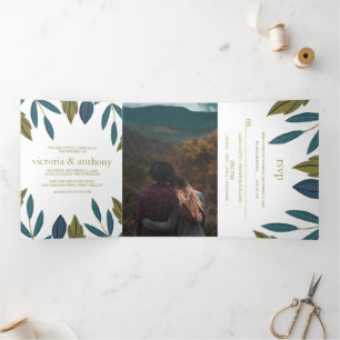 Rustieke Blad Bloemen Bruiloft Suite Drieluik Uitnodiging