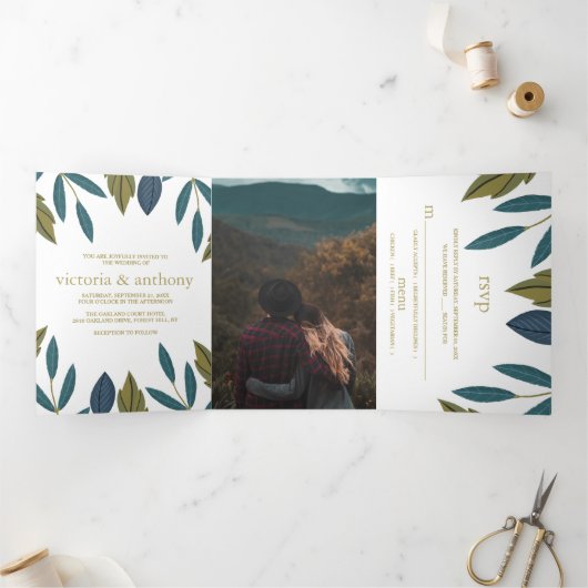 Rustieke Blad Bloemen Bruiloft Suite Drieluik Uitnodiging (Binnen)