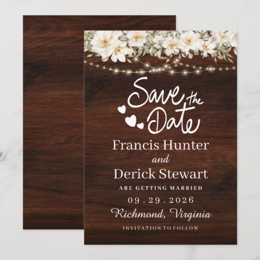 Rustieke blad slingerlichten hout Save The Date Kaart (Voorkant / Achterkant)