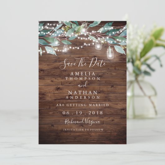 Rustieke blad slingerlichten save the date (Staand voorkant)