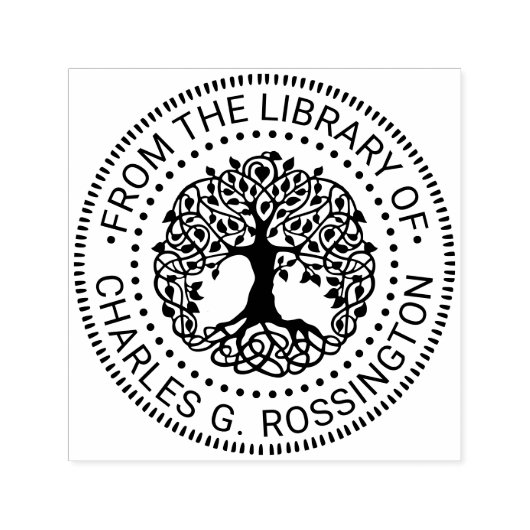 Rustieke Bladboom met Roots NT Library Boeknaam Zelfinktende Stempel (Design)
