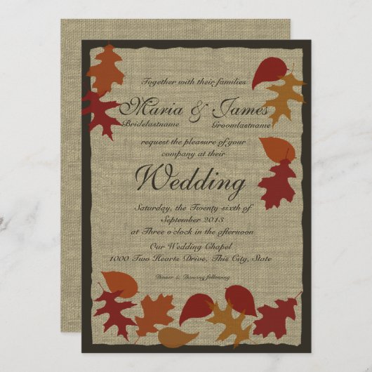Rustieke bladeren en Burlap bruiloft Kaart (Voorkant / Achterkant)