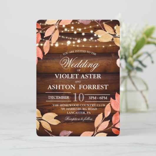 Rustieke bladeren Herfst herfst bruiloft uitnodigi Kaart (Staand voorkant)