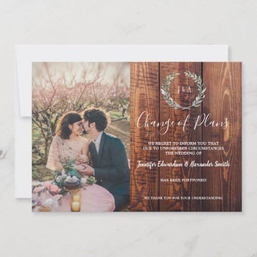 Rustieke bladeren hout monogram bruiloft annulerin kaart (Voorkant)