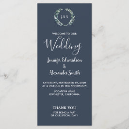 Rustieke bladeren op marineblauw huwelijksprogramm programmakaart