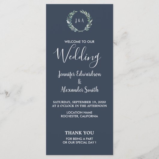 Rustieke bladeren op marineblauw huwelijksprogramm programmakaart (Voorkant)