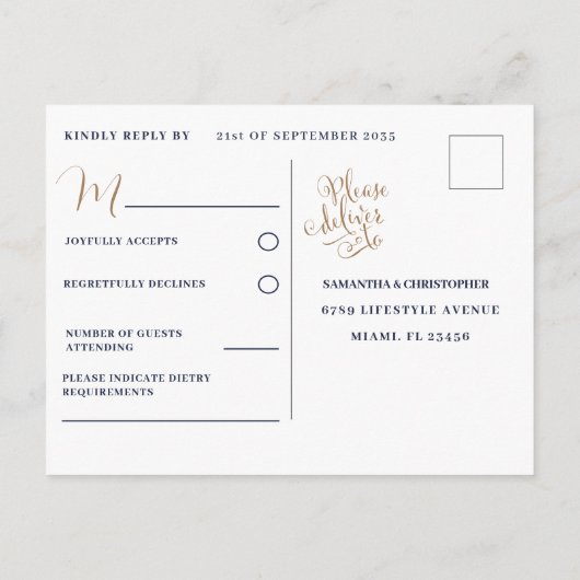 Rustieke Blauw en Gouden Bruiloft RSVP Uitnodiging Briefkaart (Achterkant)