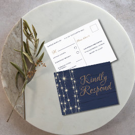 Rustieke Blauw en Gouden Bruiloft RSVP Uitnodiging Briefkaart