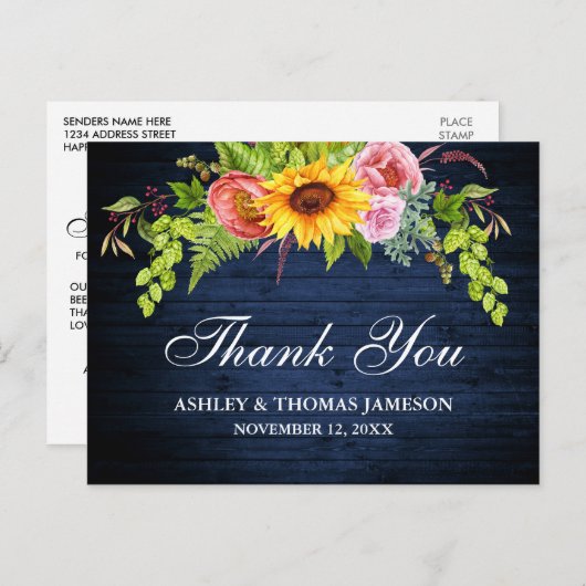 Rustieke Blauw Hout Zonnebloem Bloemen Bruiloft Be Briefkaart (Voorkant / Achterkant)