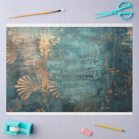 Rustieke Blauwe Abstracte Oceaan & Schelpen Tissuepapier (Craft)