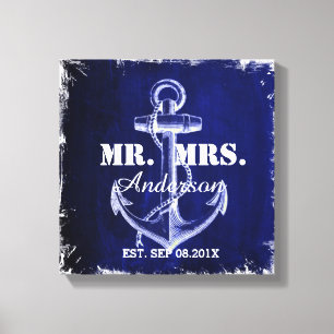 rustieke blauwe anker nautische bruiloft mr en mrs canvas afdruk
