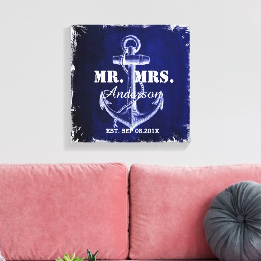 rustieke blauwe anker nautische bruiloft mr en mrs canvas afdruk (Insitu (Woonkamer))