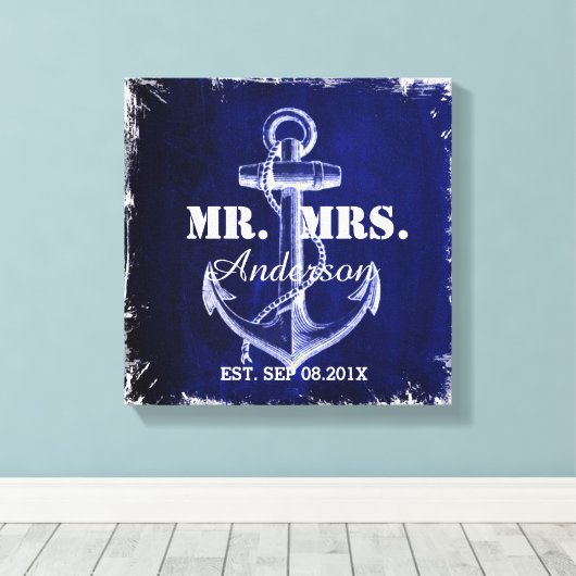 rustieke blauwe anker nautische bruiloft mr en mrs canvas afdruk (Insitu (Houten vloer))