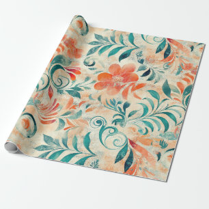 Rustieke Blauwe Bladeren En Rood-Sinaasappel Bloem Cadeaupapier