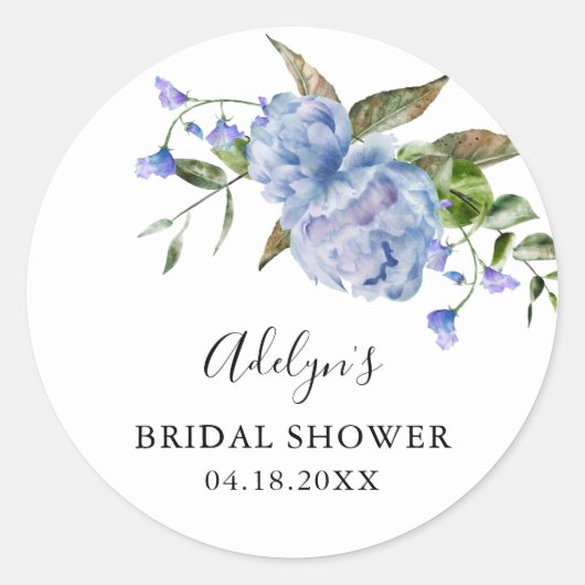 Rustieke blauwe bloem bruiloftsshower favor ronde sticker (Voorkant)