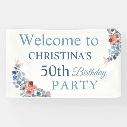 Rustieke Blauwe Bloemen 50ste Verjaardag Feest Wel Spandoek (Horizontaal)