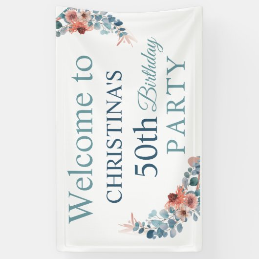 Rustieke Blauwe Bloemen 50ste Verjaardag Feest Wel Spandoek (Verticaal)