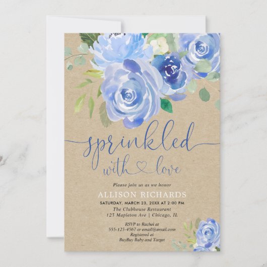 Rustieke blauwe bloemen baby strooi kaart (Voorkant)