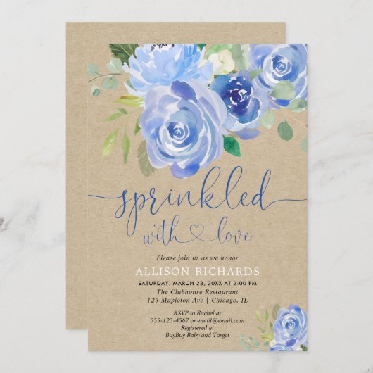 Rustieke blauwe bloemen baby strooi kaart (Voorkant / Achterkant)