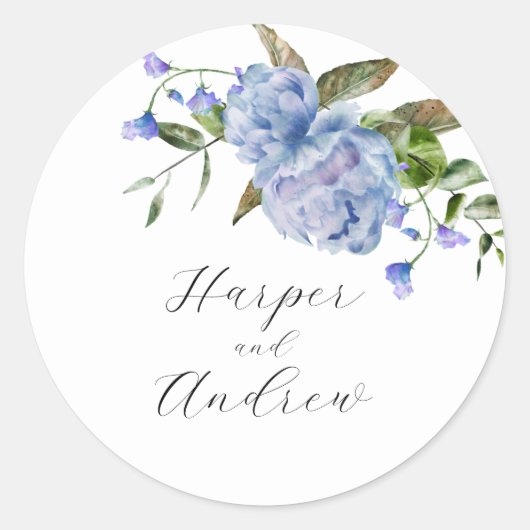 Rustieke Blauwe Bloemen Bruiloft Favor Ronde Sticker (Voorkant)