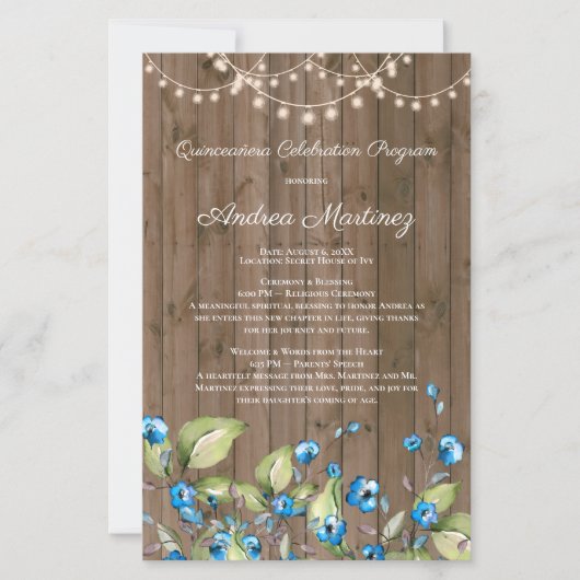 Rustieke Blauwe Bloemen Lichten Quinceanera Progra (Voorkant)