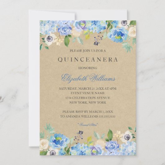 Rustieke  Blauwe Bloemen Quinceanera Uitnodiging (Voorkant)