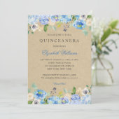 Rustieke  Blauwe Bloemen Quinceanera Uitnodiging (Staand voorkant)