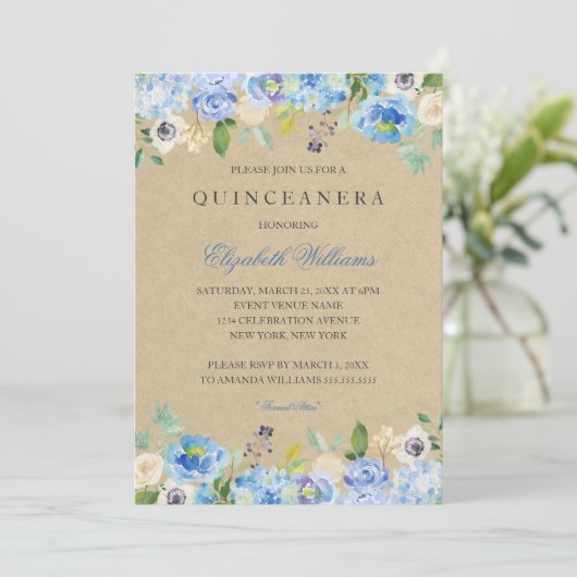 Rustieke Blauwe Bloemen Quinceanera Uitnodiging (Staand voorkant)