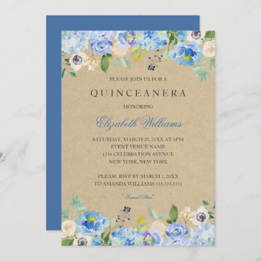 Rustieke  Blauwe Bloemen Quinceanera Uitnodiging (Voorkant / Achterkant)
