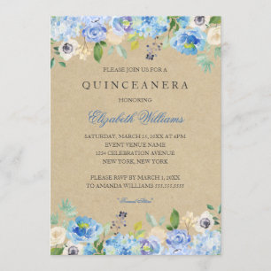 Rustieke  Blauwe Bloemen Quinceanera Uitnodiging