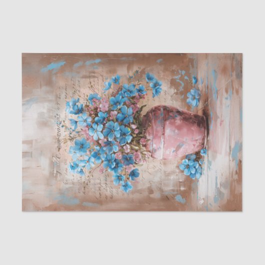 Rustieke Blauwe Bloemen Roze Vaas Shabby Decoupage Tissuepapier (Voorkant)