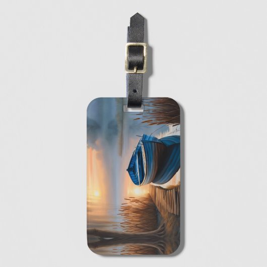 Rustieke blauwe boot Morning Sky Reflection Bagagelabel (Voorkant (verticaal))