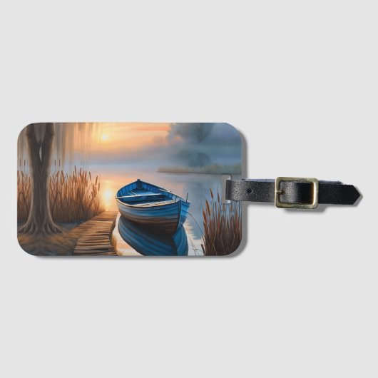 Rustieke blauwe boot Morning Sky Reflection Bagagelabel (Voorkant (horizontaal))