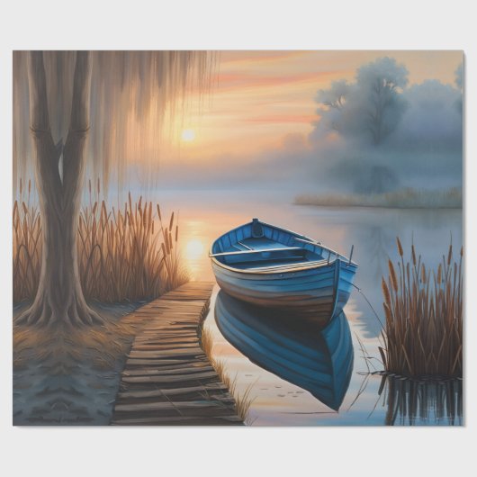 Rustieke blauwe boot Morning Sky Reflection Cadeaupapier (Vlak)