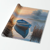 Rustieke blauwe boot Morning Sky Reflection Cadeaupapier (Uitgerold)