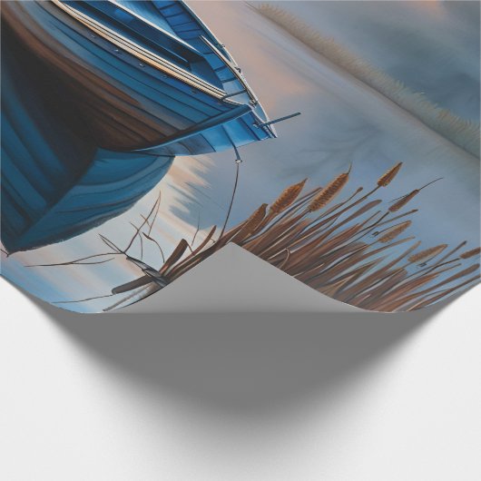 Rustieke blauwe boot Morning Sky Reflection Cadeaupapier (Hoek)